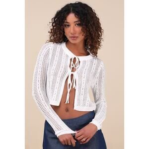 Lulus Alwilda White Pointelle Knit Tie-front Cardigan Sweater Top - Size M